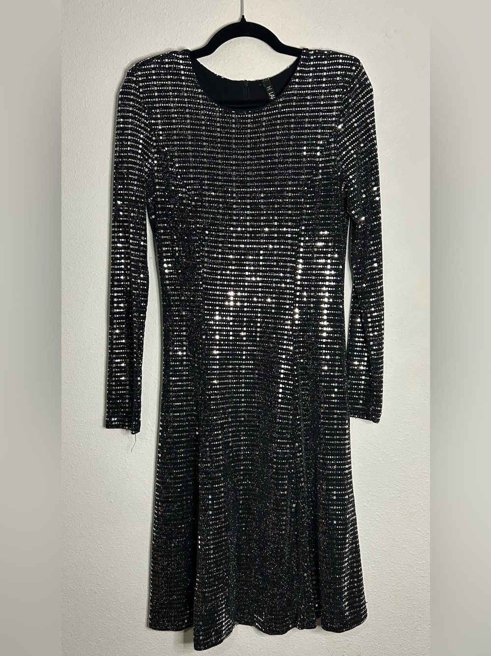 Lapis Black Sequin Long-Sleeve A-Line Dress